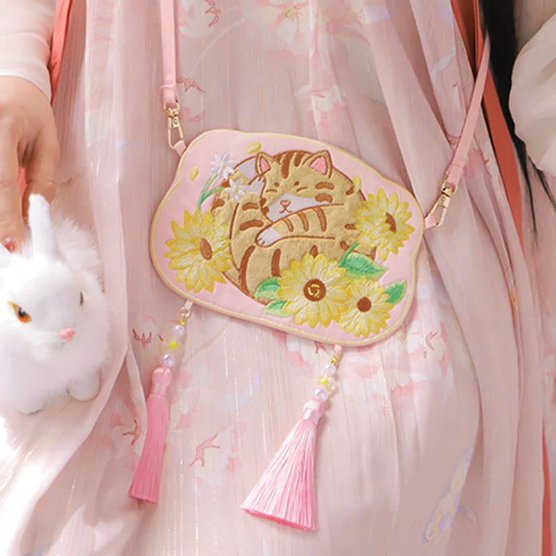 Buddha Stones Embroidery Lucky Panda Cat Shiba Inu Deer Rabbit Fox Flower Cute Animal Hanfu Bag Crossbody Bag Shoulder Bag