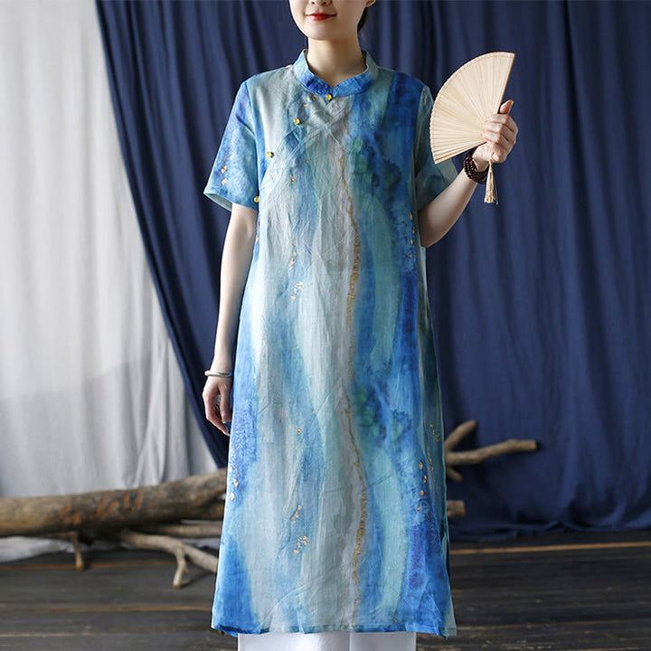 Buddha Stones Ramie Blue Digital Printing Cheongsam Dresses Short Sleeve Linen Dress