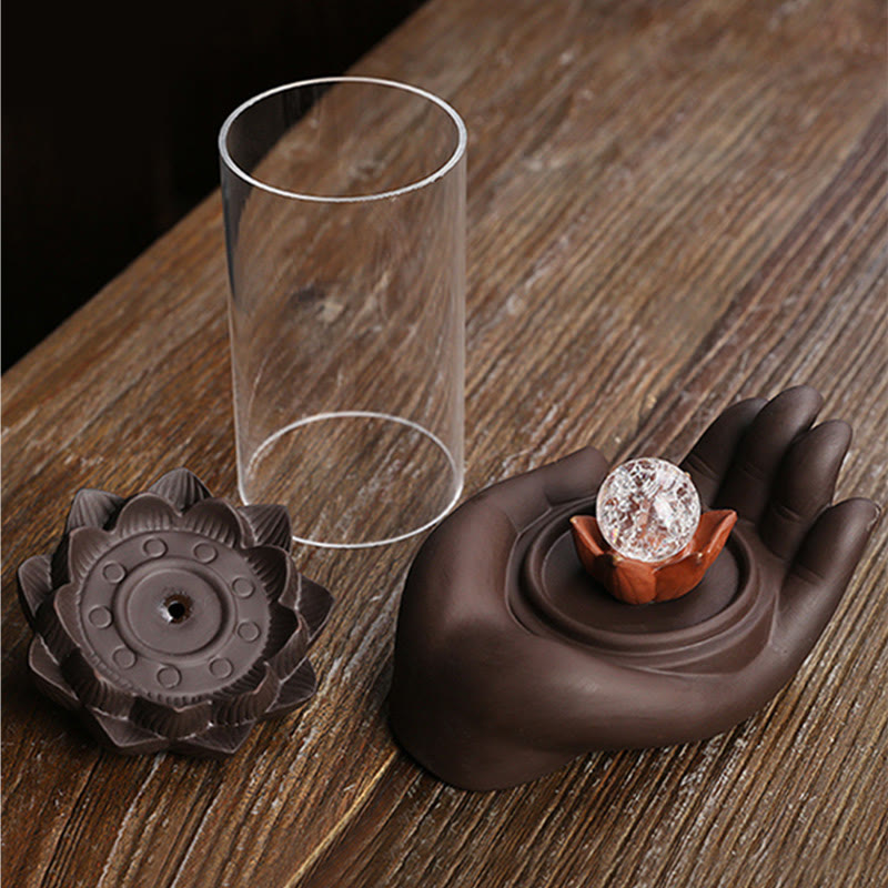 Buddha Stones Buddha Hand Lotus Enlightenment LED Light Purple Clay Ceramic Incense Burner Decoration - image 12