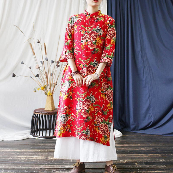 Buddha Stones Red Blue Peony Midi Dress Half Sleeve Cotton Linen Dress Wide Leg Pants With Pockets