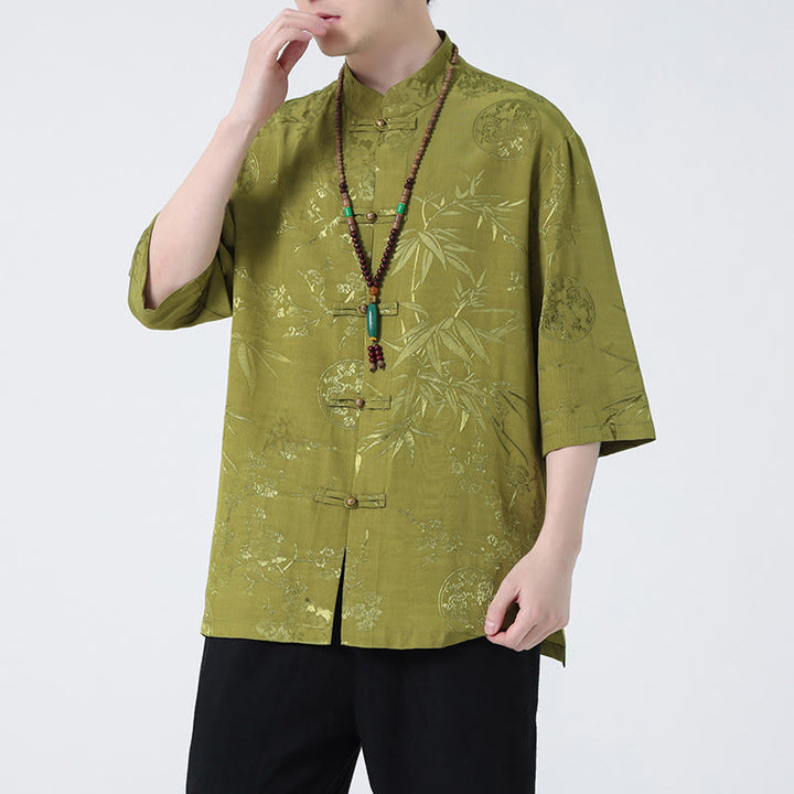 Buddha Stones Peach Blossom Bamboo Leaves Frog-button Chinese Half Sleeve Shirt Men T-shirt