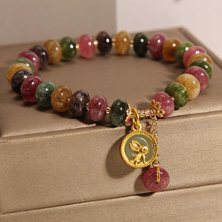 Buddha Stones Natural Colorful Tourmaline Cute Rabbit Charm Positive Bracelet