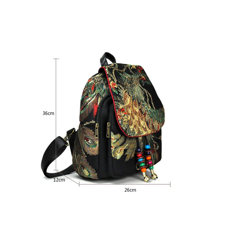 Peacock Embroidery Canvas Tassel Backpack