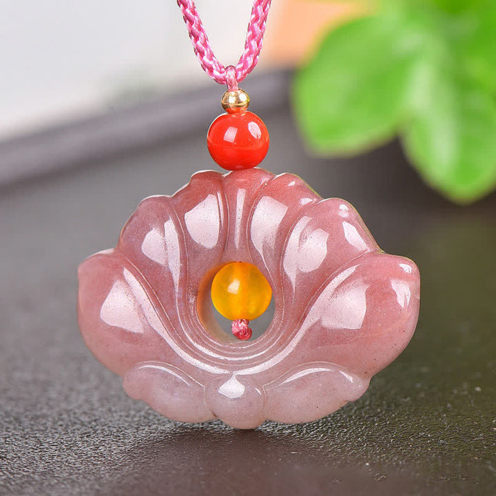 Pink Golden Silk Jade Lotus Flower Wealth Necklace Pendant - image 5