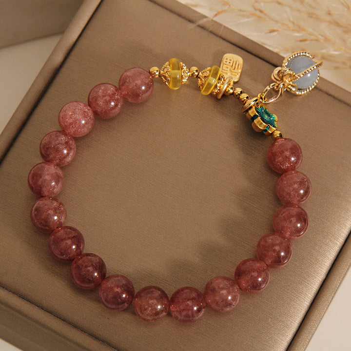 Buddha Stones Natural Strawberry Quartz Crystal Aquamarine Fortune Brand Love Bracelet