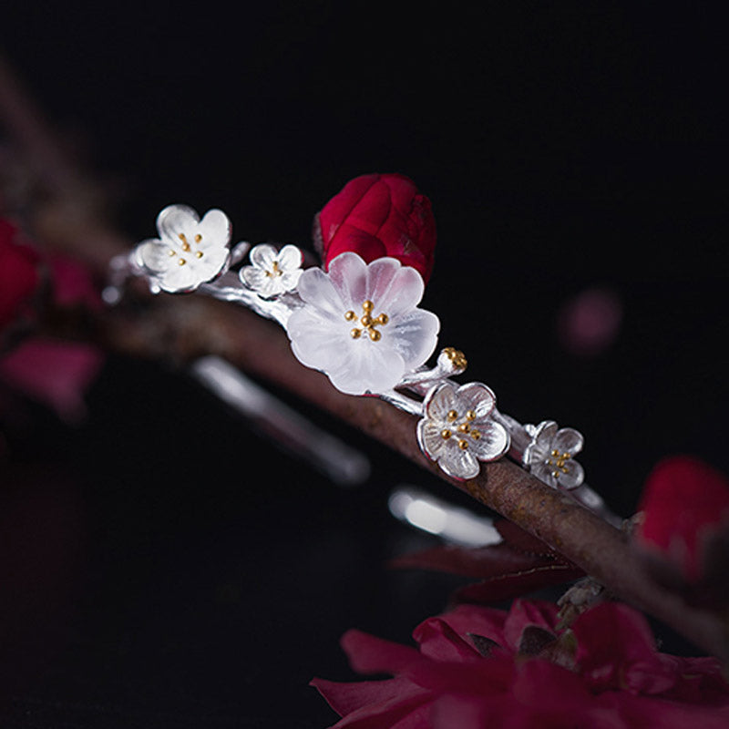 Buddha Stones 925 Sterling Silver Plum Flower Blessing Bracelet Adjustable Bangle - image 2