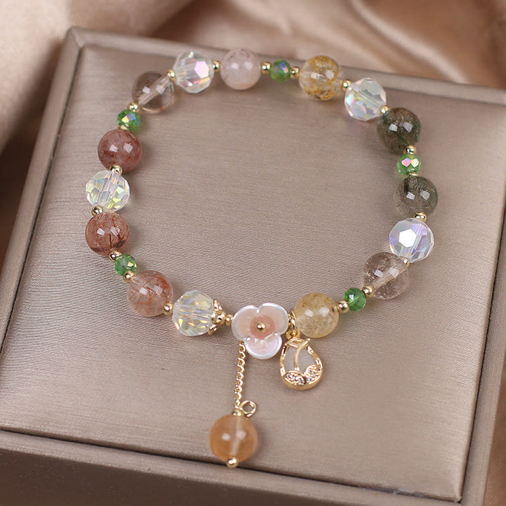 Buddha Stones Strawberry Quartz Rutilated Quartz Fluorite Flower Healing Bracelet