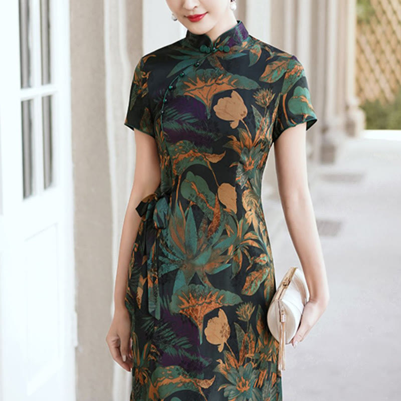 Buddha Stones Silk Qipao Dress Retro Flower Leaf Pattern Women's Cheongsam Dress