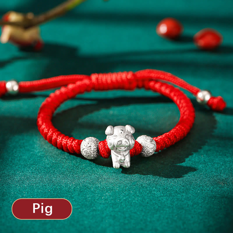 Buddha Stones 999 Sterling Silver Chinese Zodiac Red Rope Luck Handcrafted Kids Bracelet - Pig(Bracelet Size 12+4cm) - image 25