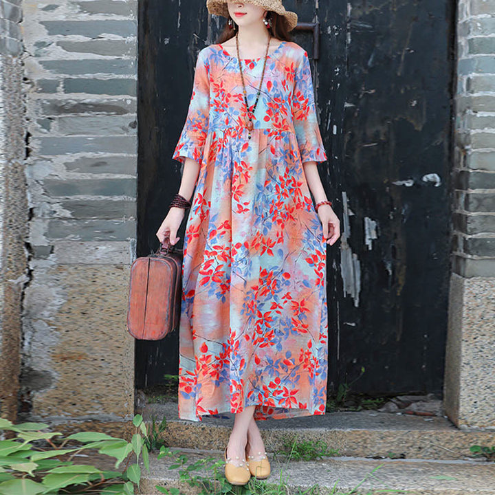 Buddha Stones Flowers Print Midi Dress Cotton Linen Tunic Dress With Pockets