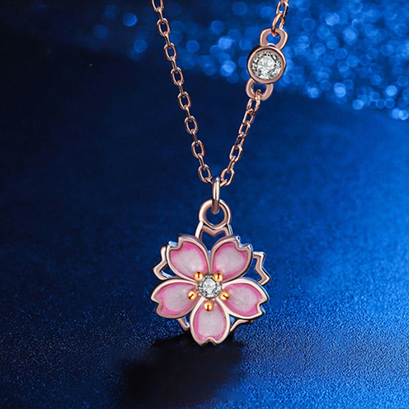 Buddha Stones 925 Sterling Silver Cherry Blossom Flower Rotatable Protection Necklace Pendant - Rose Gold Cherry Blossom - image 0
