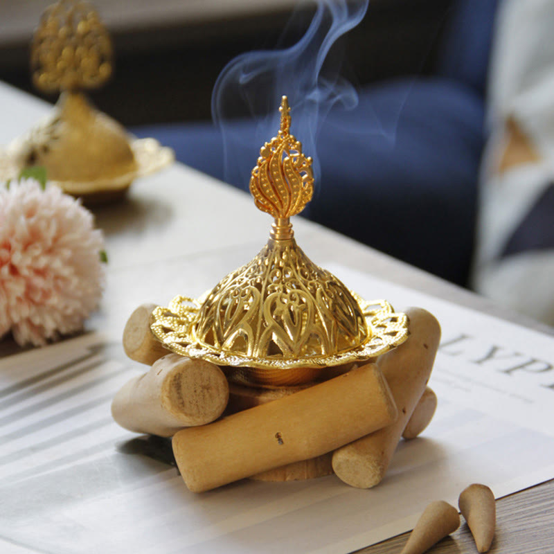 Gold Alloy Healing Mini Incense Burner With Wooden Coaster Home Decor - image 10