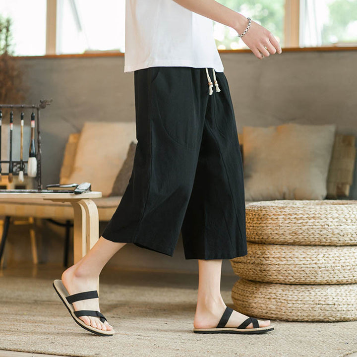 Buddha Stones Solid Color Mid-length Linen Men's Wide Leg Pants With Pockets