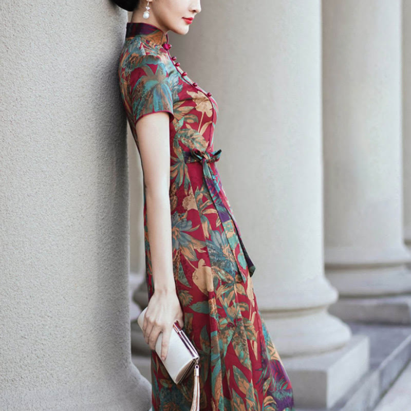 Buddha Stones Silk Qipao Dress Retro Flower Leaf Pattern Women's Cheongsam Dress