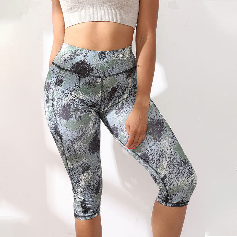 Buddha Stones Camo Print Solid Color Sports Yoga High Waist Leggings Women's Yoga Capri Pants