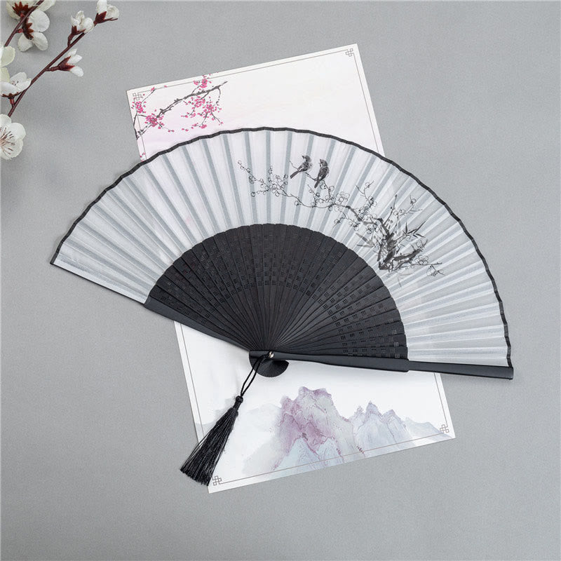 Buddha Stones Mountains Plum Blossom Lotus Magpie Bamboo Leaves Handheld Silk Bamboo Folding Fan 22.5cm