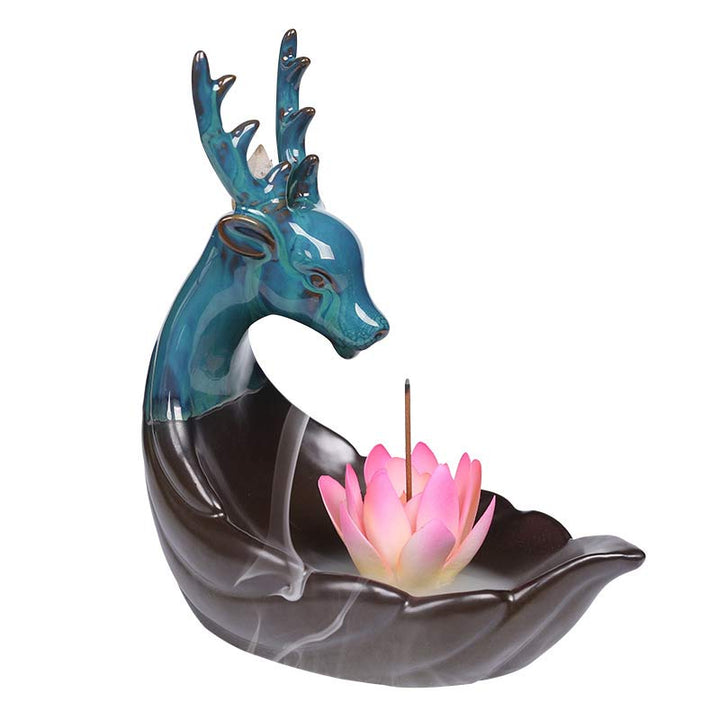 Buddha Stones Little Deer Ceramic Lotus Meditation Incense Burner Decoration - image 9