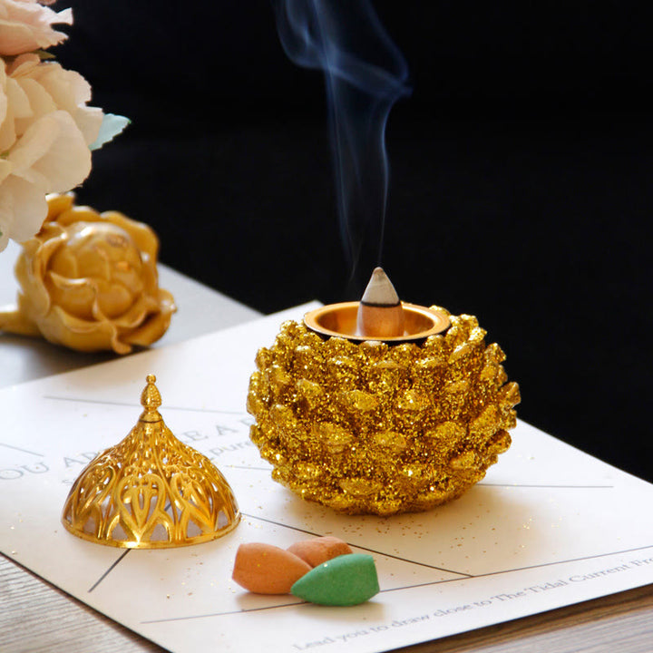 Gold Pine Cone Pattern Spiritual Rituals Mini Incense Burner Home Tabletop Decor - image 7