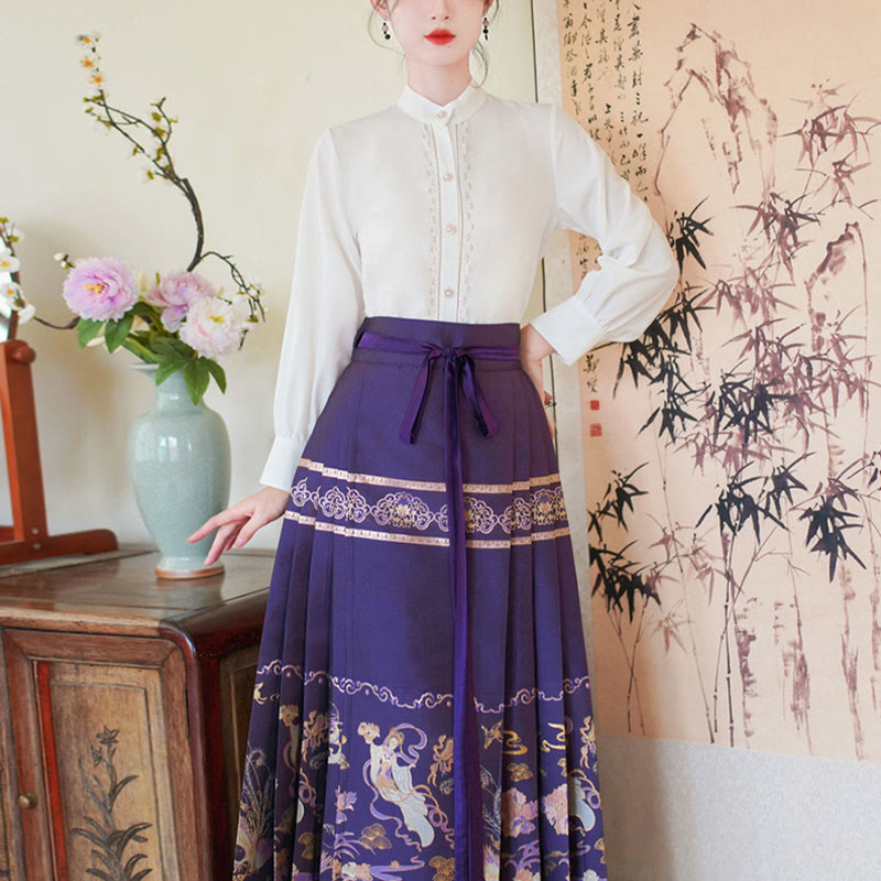 Buddha Stones Long Sleeve Shirt Top Chinese Hanfu Flying Fairy Horse Face Skirt Purple Mamianqun