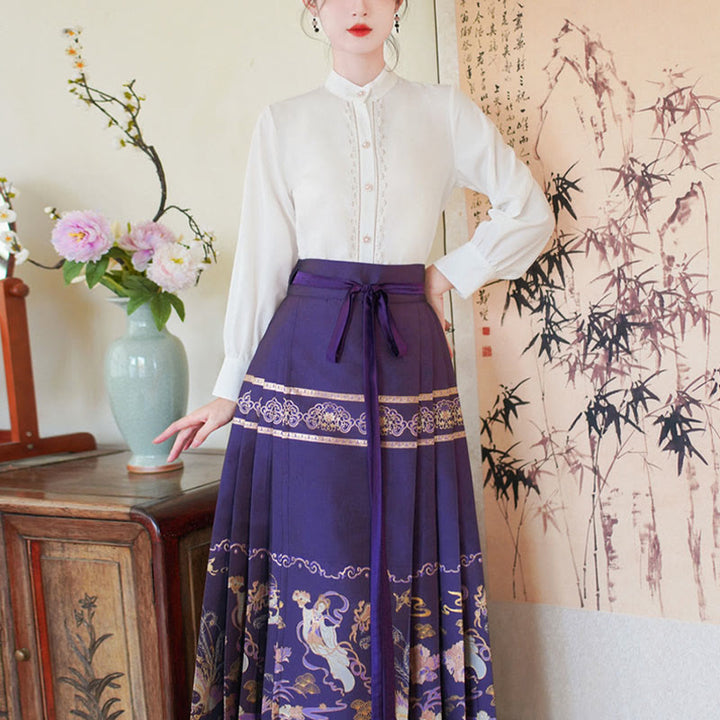 Buddha Stones Long Sleeve Shirt Top Chinese Hanfu Flying Fairy Horse Face Skirt Purple Mamianqun