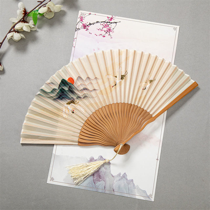 Buddha Stones Flying White Crane Sun Cloud Handheld Silk Bamboo Folding Fan 22cm