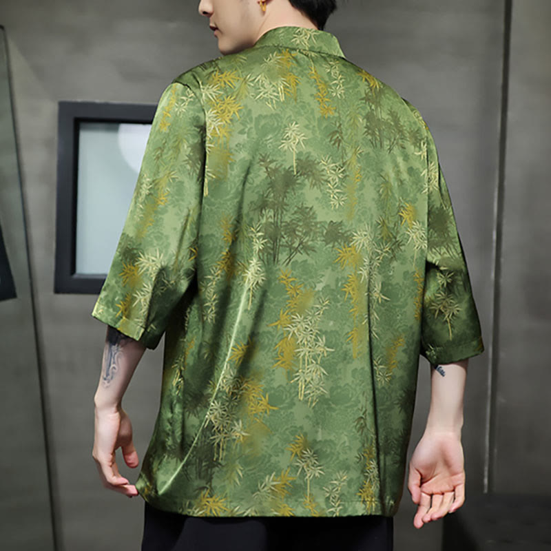 Buddha Stones Bamboo Leaves Pattern Chinese Half Sleeve Shirt Men T-shirt