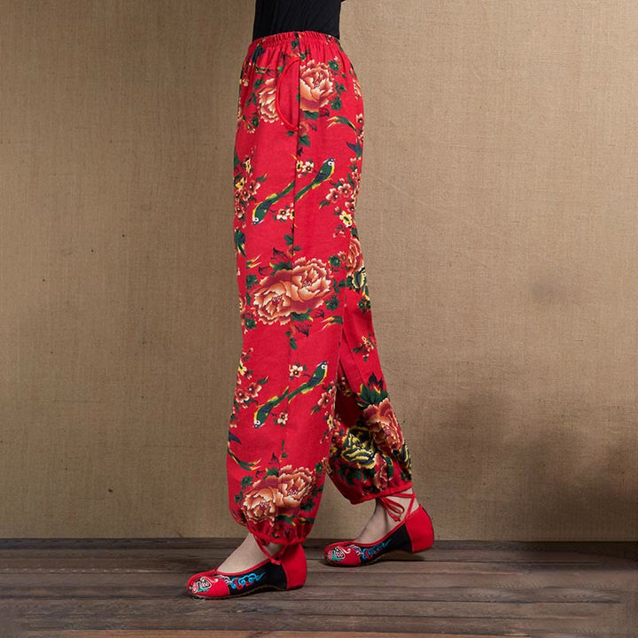 Buddha Stones Ethnic Style Red Green Flowers Print Harem Pants With Pockets