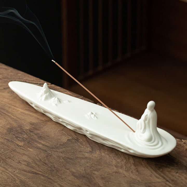 Buddha Monk Ceramic Sea Wave Mountain Blessing Incense Burner Decoration - White 32*6.6*8cm - image 18