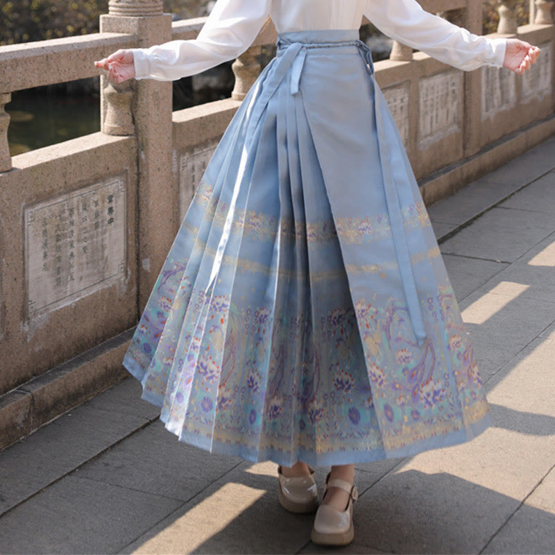 Buddha Stones Chinese Hanfu Phoenix Feathers Printed Horse Face Skirt Mamianqun