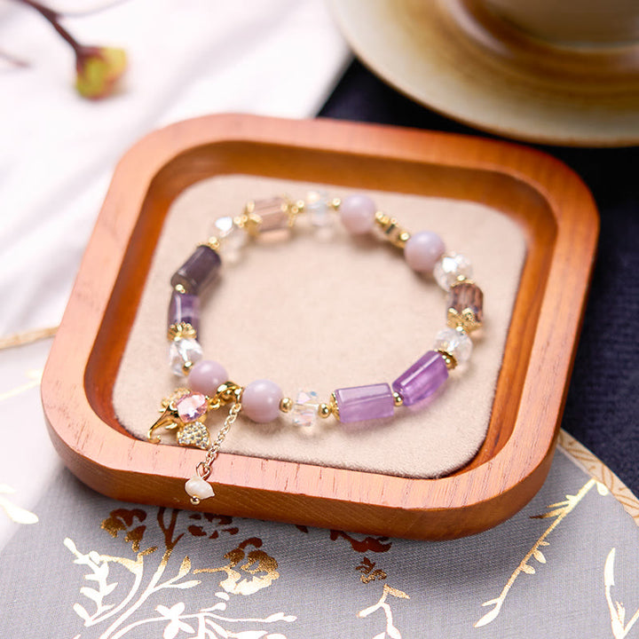 Buddha Stones Amethyst Green Aventurine Strawberry Quartz Positive Elephant Charm Bracelet