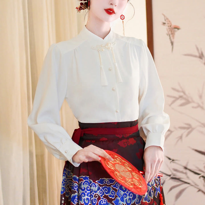 Buddha Stones Long Sleeve Shirt Top Chinese Hanfu Crane Blue Auspicious Clouds Horse Face Skirt Mamianqun