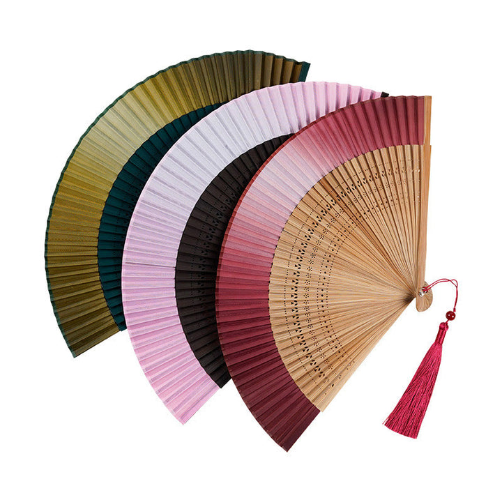 Buddha Stones Solid Color Gradient Hollow Engraved Handheld Bamboo Folding Fan