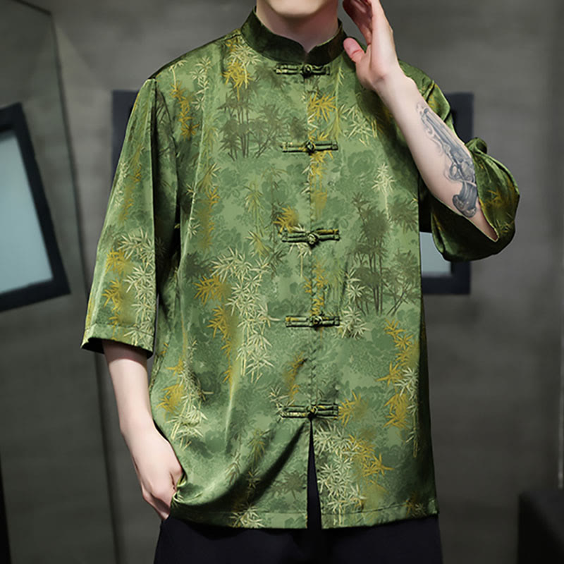 Buddha Stones Bamboo Leaves Pattern Chinese Half Sleeve Shirt Men T-shirt