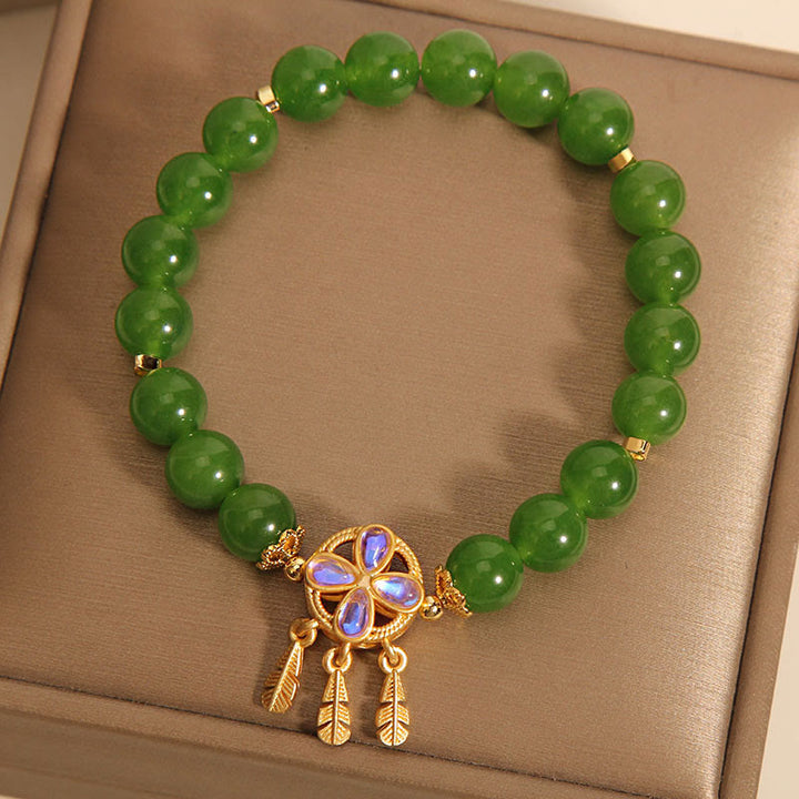 Buddha Stones Green Jade Dreamcatcher Four Leaf Clover Luck Bracelet