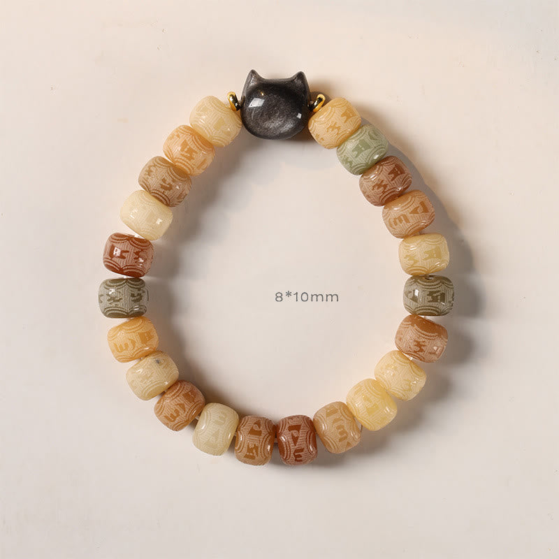 Buddha Stones Bodhi Seed Silver Sheen Obsidian Cat Head Om Mani Padme Hum Engraved Harmony Bracelet - image 5
