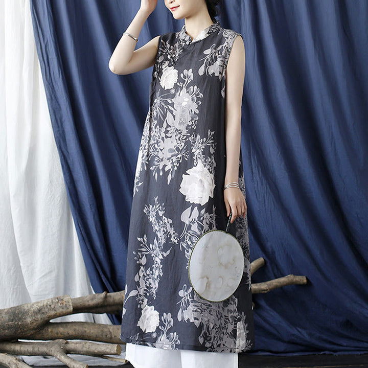 Buddha Stones Ancient Ramie Linen Flowers Printing Cheongsam Dresses Sleeveless Dress