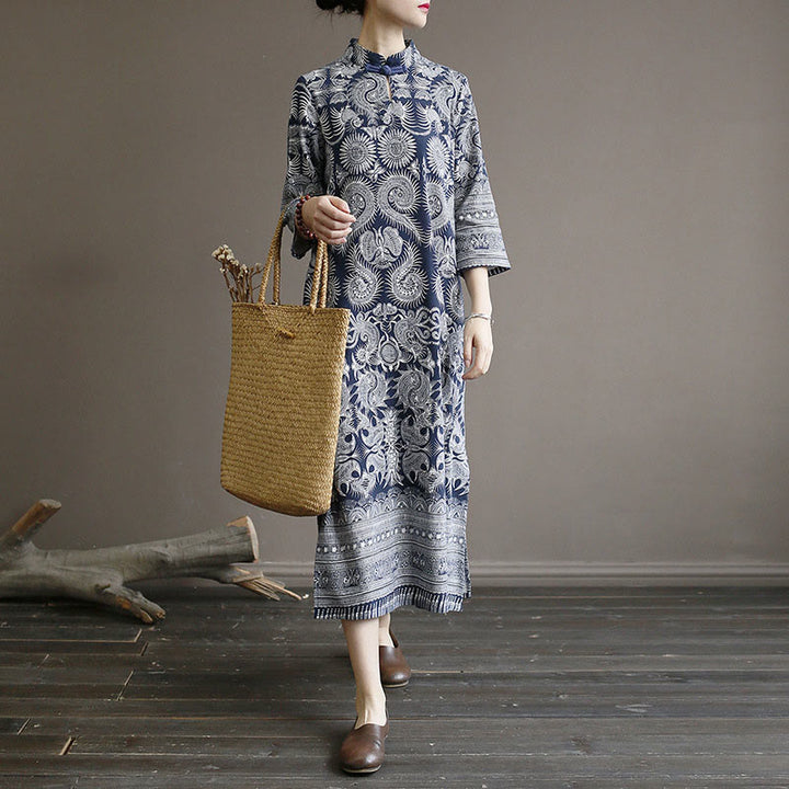 Buddha Stones Blue And White Porcelain Pattern Frog-button Midi Dress Three Quarter Sleeve Linen Batik Dress With Pockets