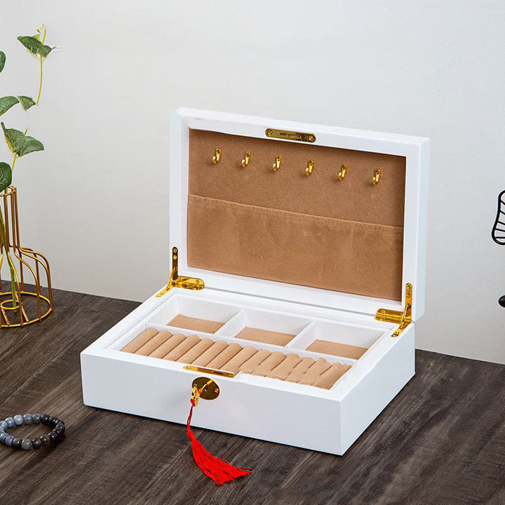 Buddha Stones Vintage Wooden Jewelry Box Two-Layer Solid Wood Jewelry Storage Box