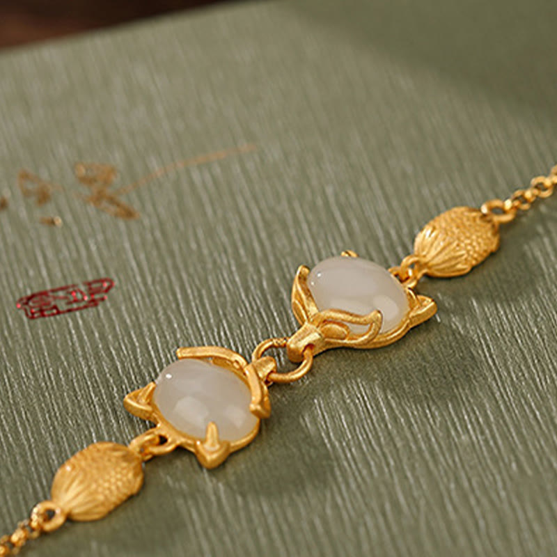 Buddha Stones 925 Sterling Silver Natural Hetian White Jade Cyan Jade Lovely Fox Luck Bracelet - image 9