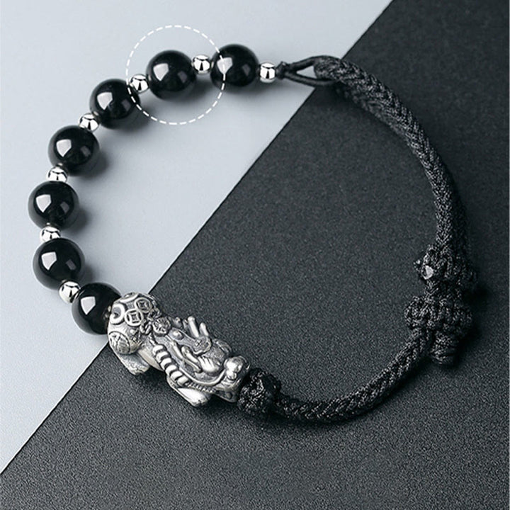 Buddha Stones 999 Sterling Silver FengShui PiXiu Natural Black Obsidian 925 Sterling Silver Bead Strength Bracelet - image 9