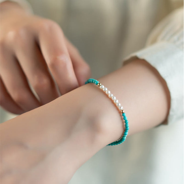 Buddha Stones 925 Sterling Silver Natural Turquoise Pearl Beaded Bracelet - image 4