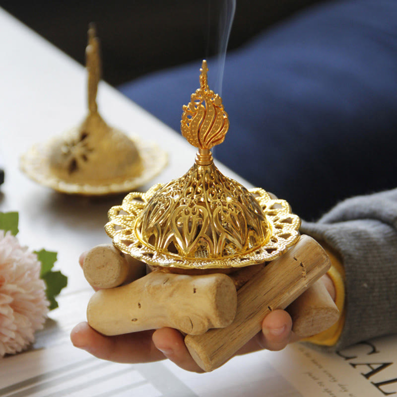 Gold Alloy Healing Mini Incense Burner With Wooden Coaster Home Decor - image 4