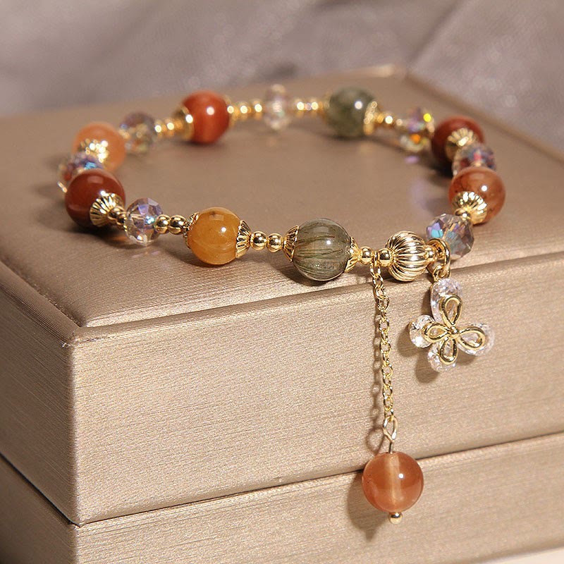 Buddha Stones Natural Fu Lu Shou Rainbow Crystal Rutilated Quartz Wealth Butterfly Charm Bracelet