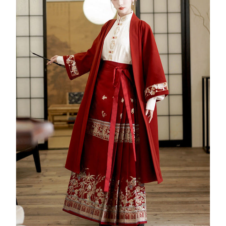 Buddha Stones Flower Bamboo Embroidery Long Sleeve Shirt Top Chinese Horse Face Skirt Mamianqun Wrapped Skirt Coat