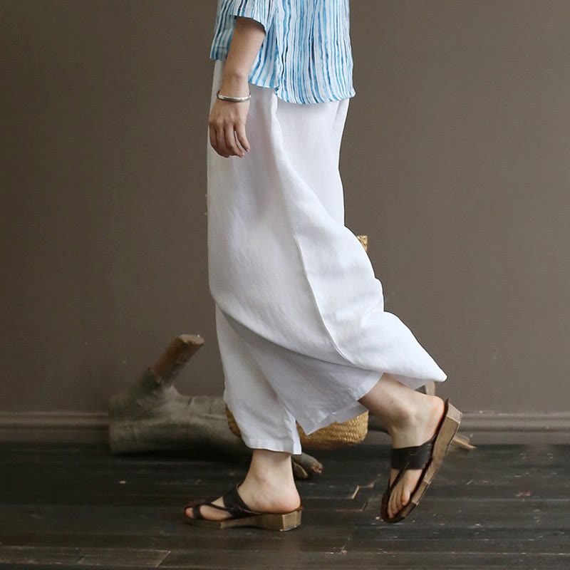 Buddha Stones Red Blue Peony Midi Dress Half Sleeve Cotton Linen Dress Wide Leg Pants With Pockets