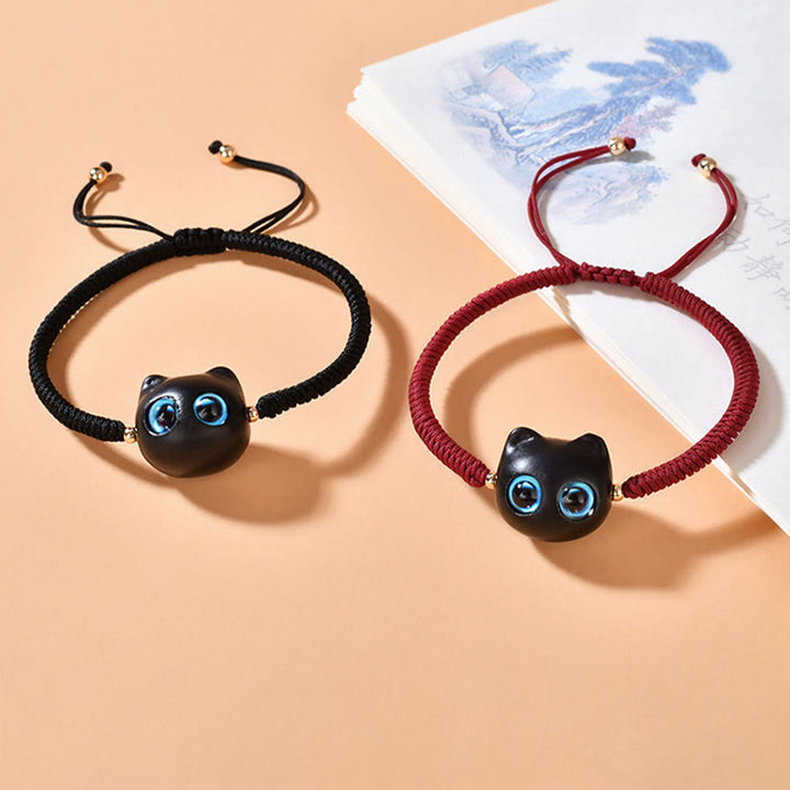 Buddha Stones Ebony Wood Cat Head Pattern Peace King Kong Knot Braided Bracelet - image 2