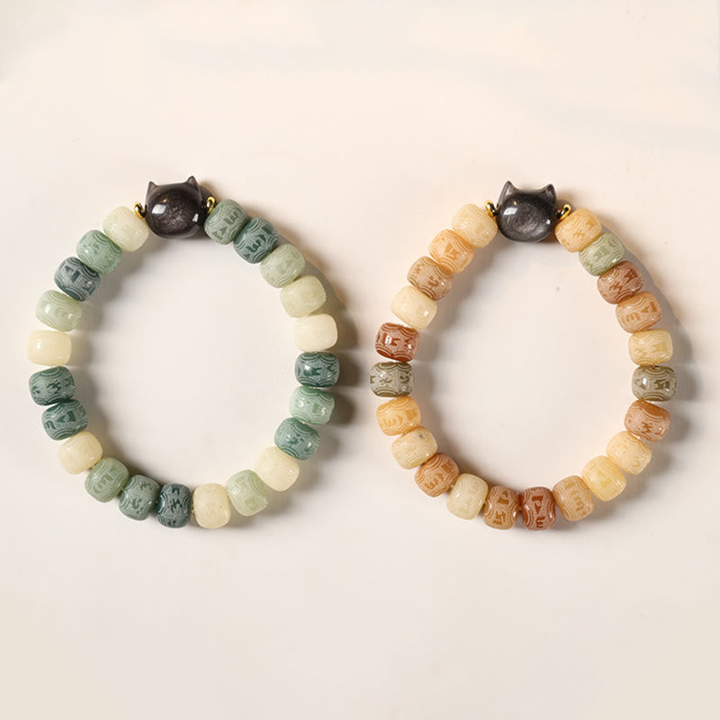 Buddha Stones Bodhi Seed Silver Sheen Obsidian Cat Head Om Mani Padme Hum Engraved Harmony Bracelet - image 14