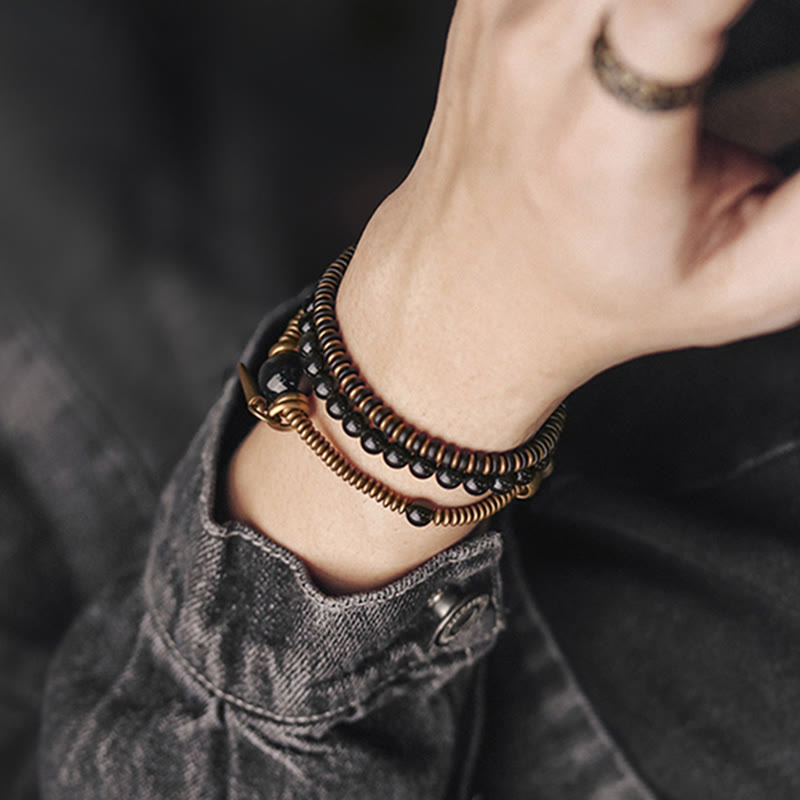 Buddha Stones Rainbow Obsidian Ebony Wood Copper Healing Triple Wrap Bracelet