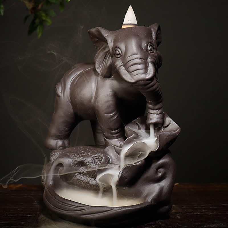 Tibetan Elephant Purple Clay Backflow Smoke Fountain Peace Healing Incense Burner Decoration - image 2