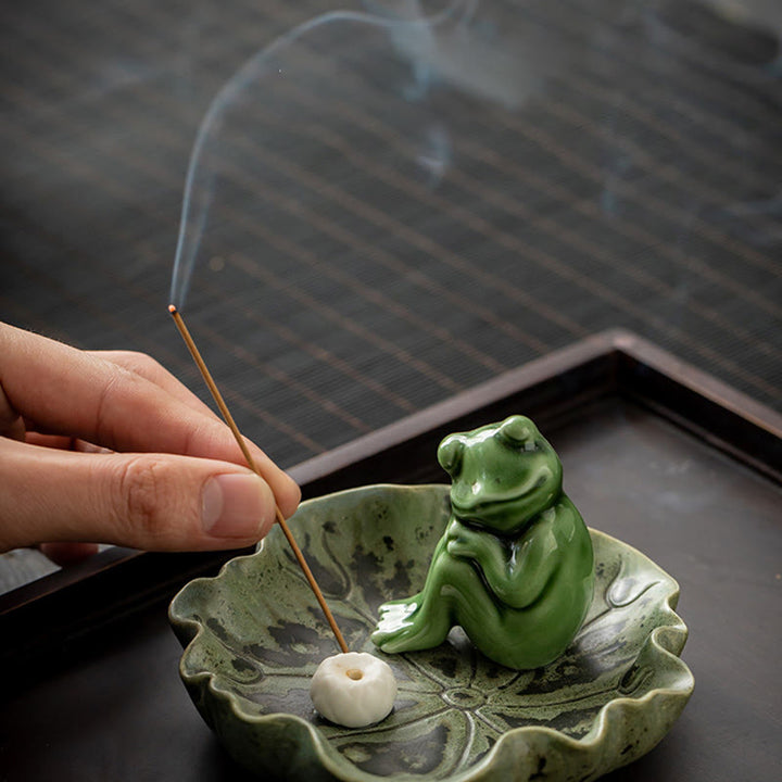 Buddha Stones Leaf Meditation Frog Pattern Healing Ceramic Incense Burner Decoration - image 26